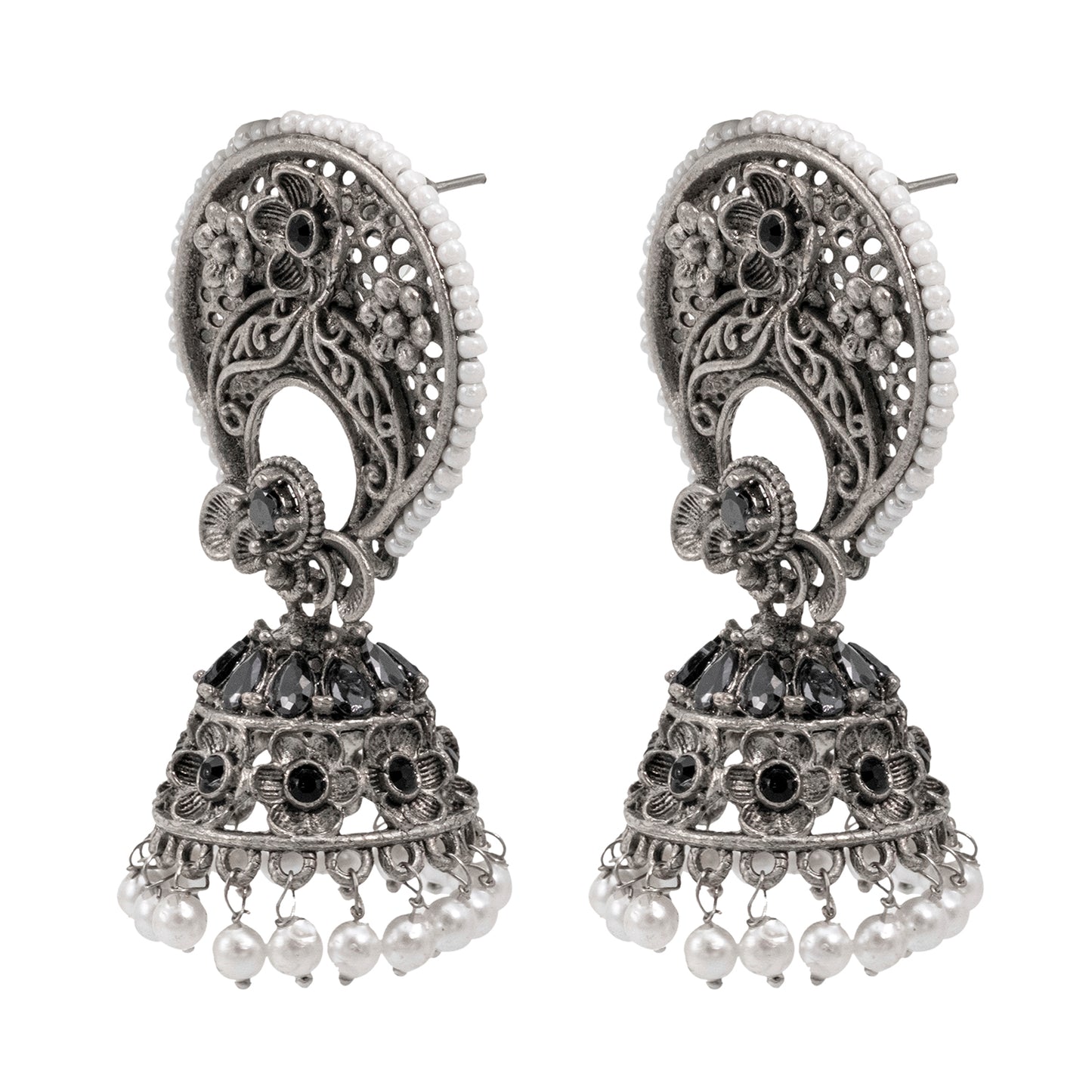 Traditional Indian Matte Silver Oxidised CZ Crystal Studded Chand Bali Jhumka Earring For Women-Silver Maroon (SJE_201_S_M)