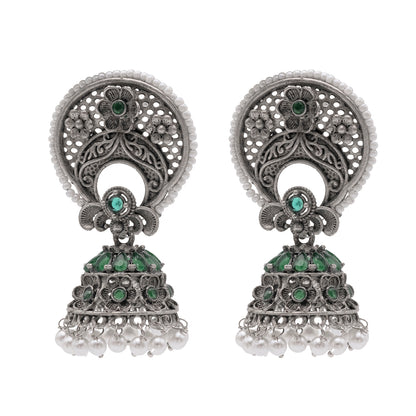 Traditional Indian Matte Silver Oxidised CZ Crystal Studded Chand Bali Jhumka Earring For Women-Silver Maroon (SJE_201_S_M)