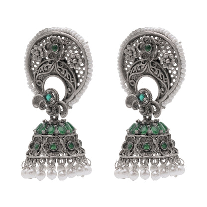 Traditional Indian Matte Silver Oxidised CZ Crystal Studded Chand Bali Jhumka Earring For Women-Silver Maroon (SJE_201_S_M)