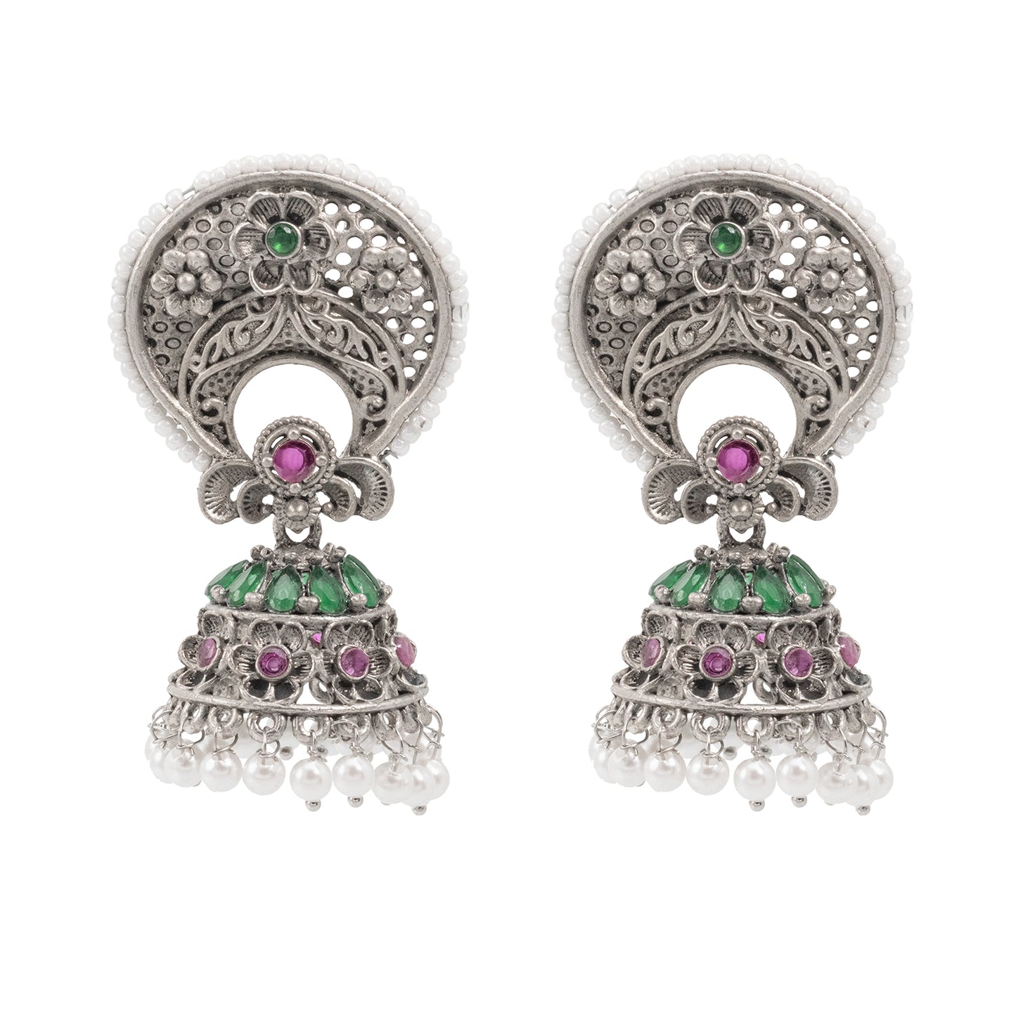 Traditional Indian Matte Silver Oxidised CZ Crystal Studded Chand Bali Jhumka Earring For Women-Silver Maroon (SJE_201_S_M)