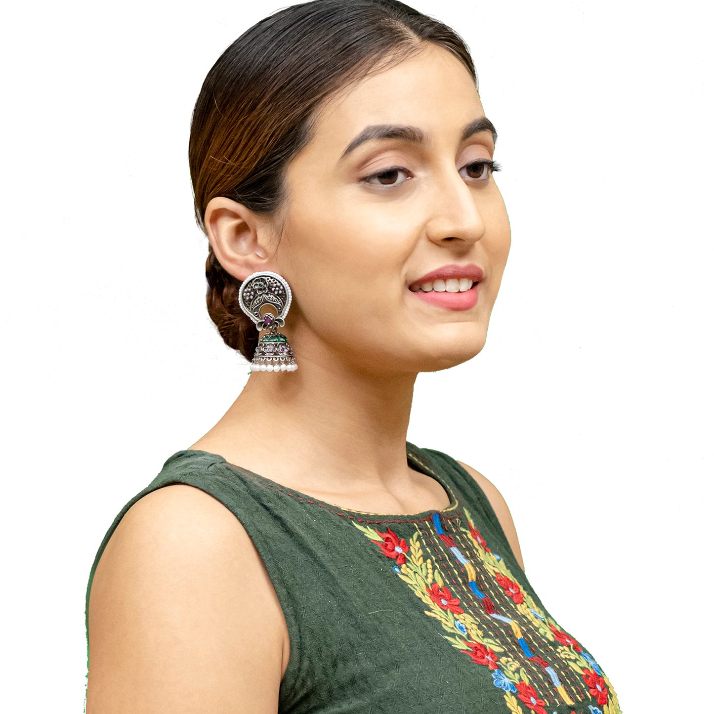 Traditional Indian Matte Silver Oxidised CZ Crystal Studded Chand Bali Jhumka Earring For Women-Silver Maroon (SJE_201_S_M)