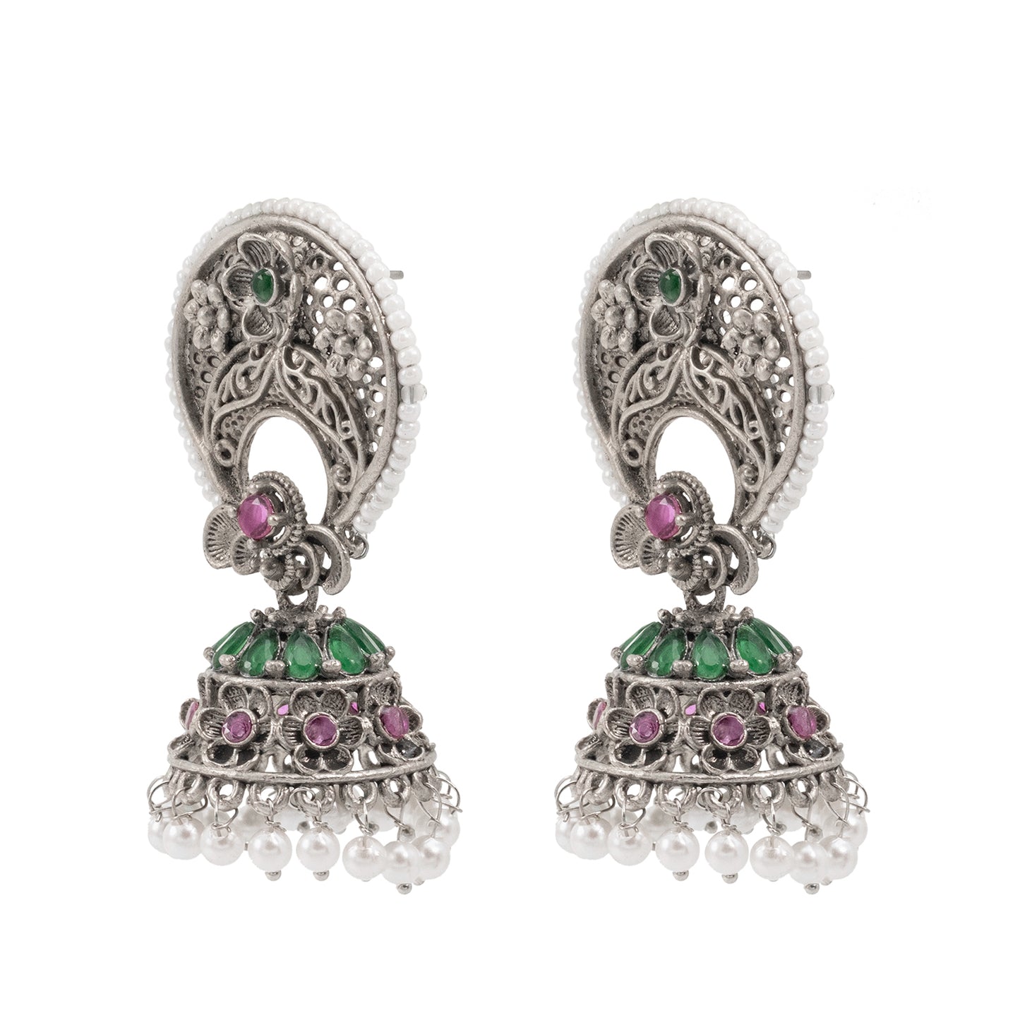 Traditional Indian Matte Silver Oxidised CZ Crystal Studded Chand Bali Jhumka Earring For Women-Silver Maroon (SJE_201_S_M)