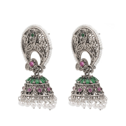 Traditional Indian Matte Silver Oxidised CZ Crystal Studded Chand Bali Jhumka Earring For Women-Silver Maroon (SJE_201_S_M)