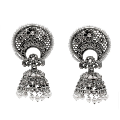 Traditional Indian Matte Silver Oxidised CZ, Crystal Studded Chand Bali Jhumka Earring For Women- Silver White (SJE_201_S_W)