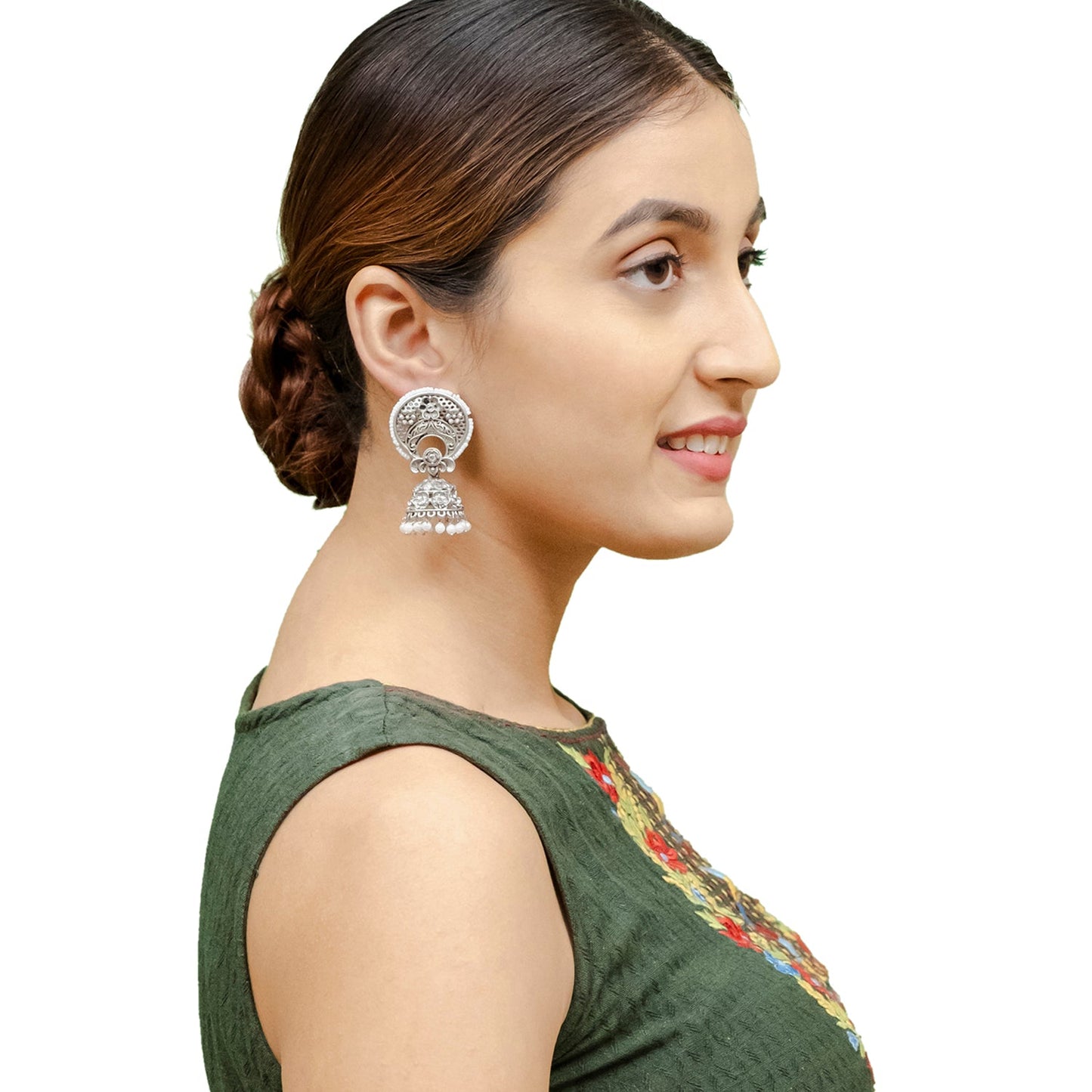 Traditional Indian Matte Silver Oxidised CZ, Crystal Studded Chand Bali Jhumka Earring For Women- Silver White (SJE_201_S_W)