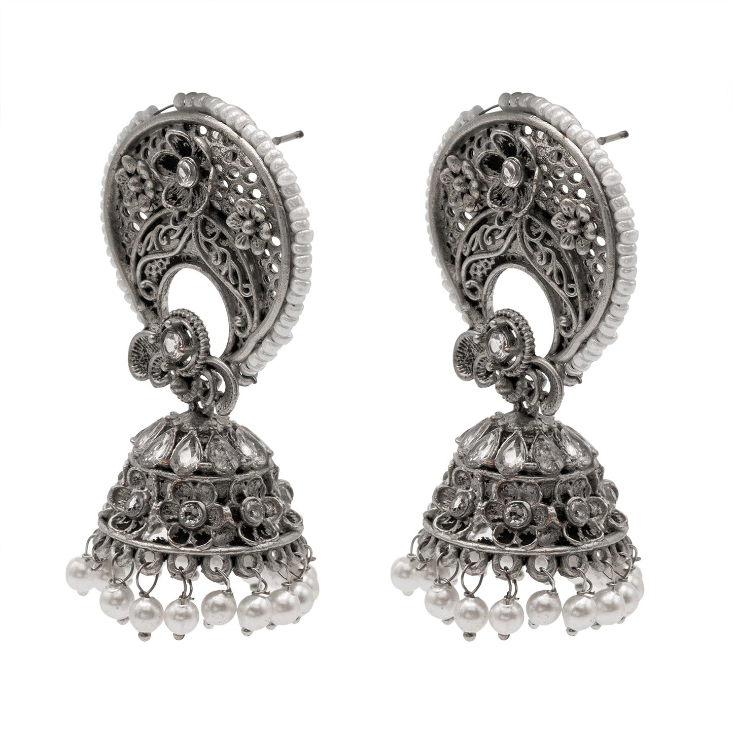 Traditional Indian Matte Silver Oxidised CZ, Crystal Studded Chand Bali Jhumka Earring For Women- Silver White (SJE_201_S_W)