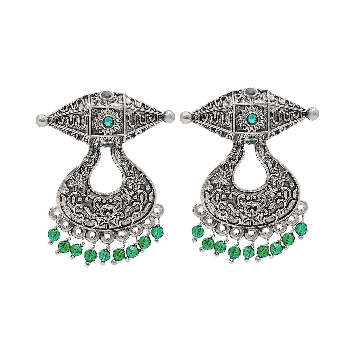 Traditional Indian Antique Silver Oxidised CZ Crystal Studded Chand Bali Earring For Women-Silver Maroon (SJE_202_S_M)