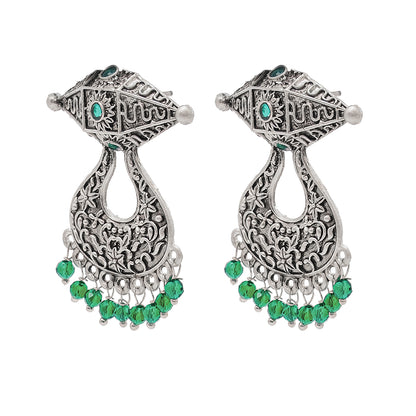 Traditional Indian Antique Silver Oxidised CZ Crystal Studded Chand Bali Earring For Women-Silver Maroon (SJE_202_S_M)