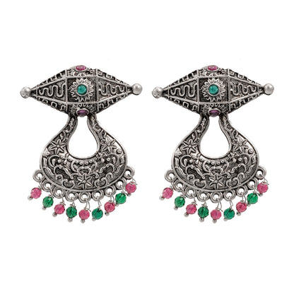 Traditional Indian Antique Silver Oxidised CZ Crystal Studded Chand Bali Earring For Women-Silver Maroon (SJE_202_S_M)