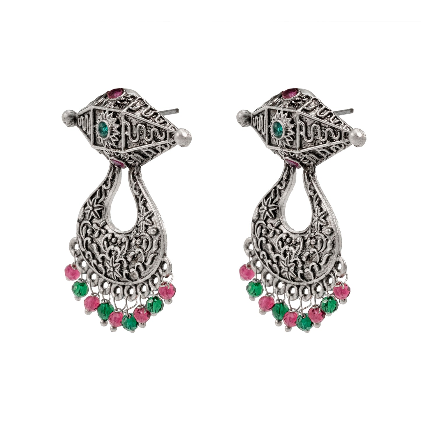 Traditional Indian Antique Silver Oxidised CZ Crystal Studded Chand Bali Earring For Women-Silver Maroon (SJE_202_S_M)