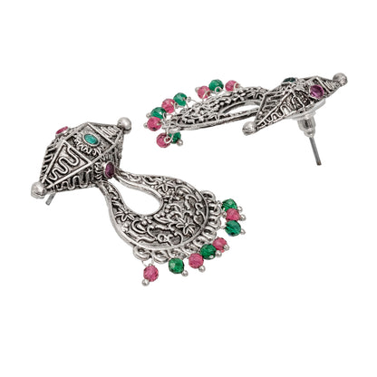 Traditional Indian Antique Silver Oxidised CZ Crystal Studded Chand Bali Earring For Women-Silver Maroon (SJE_202_S_M)