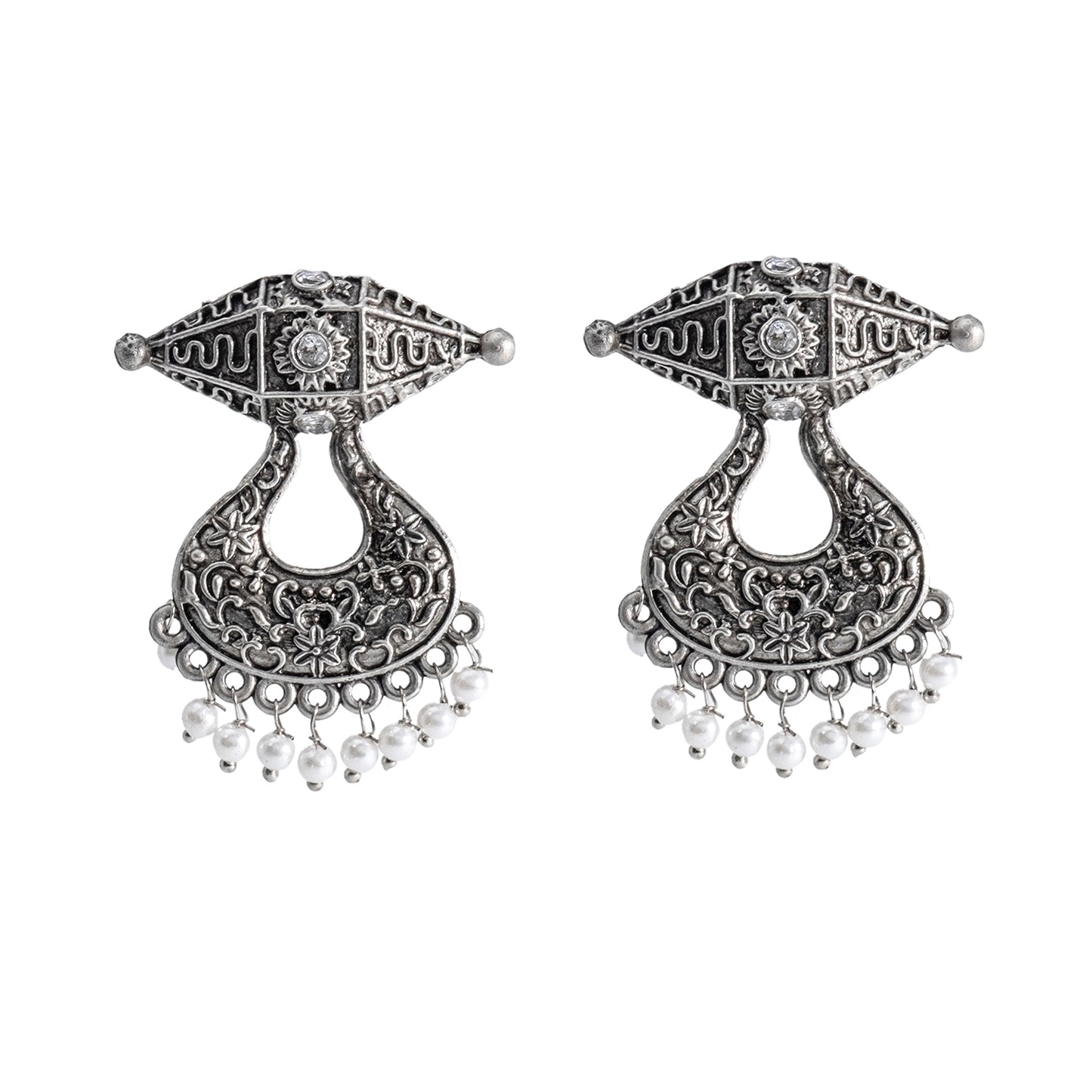 Traditional Indian Antique Silver Oxidised CZ Crystal Studded Chand Bali Earring For Women-Silver Maroon (SJE_202_S_M)