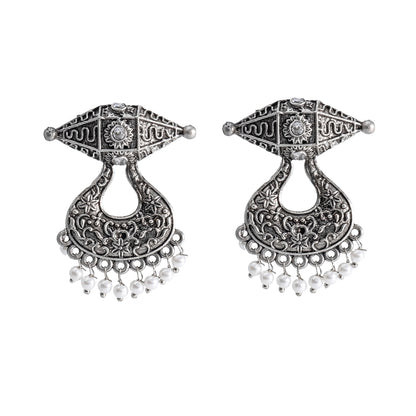 Traditional Indian Antique Silver Oxidised CZ Crystal Studded Chand Bali Earring For Women-Silver Maroon (SJE_202_S_M)