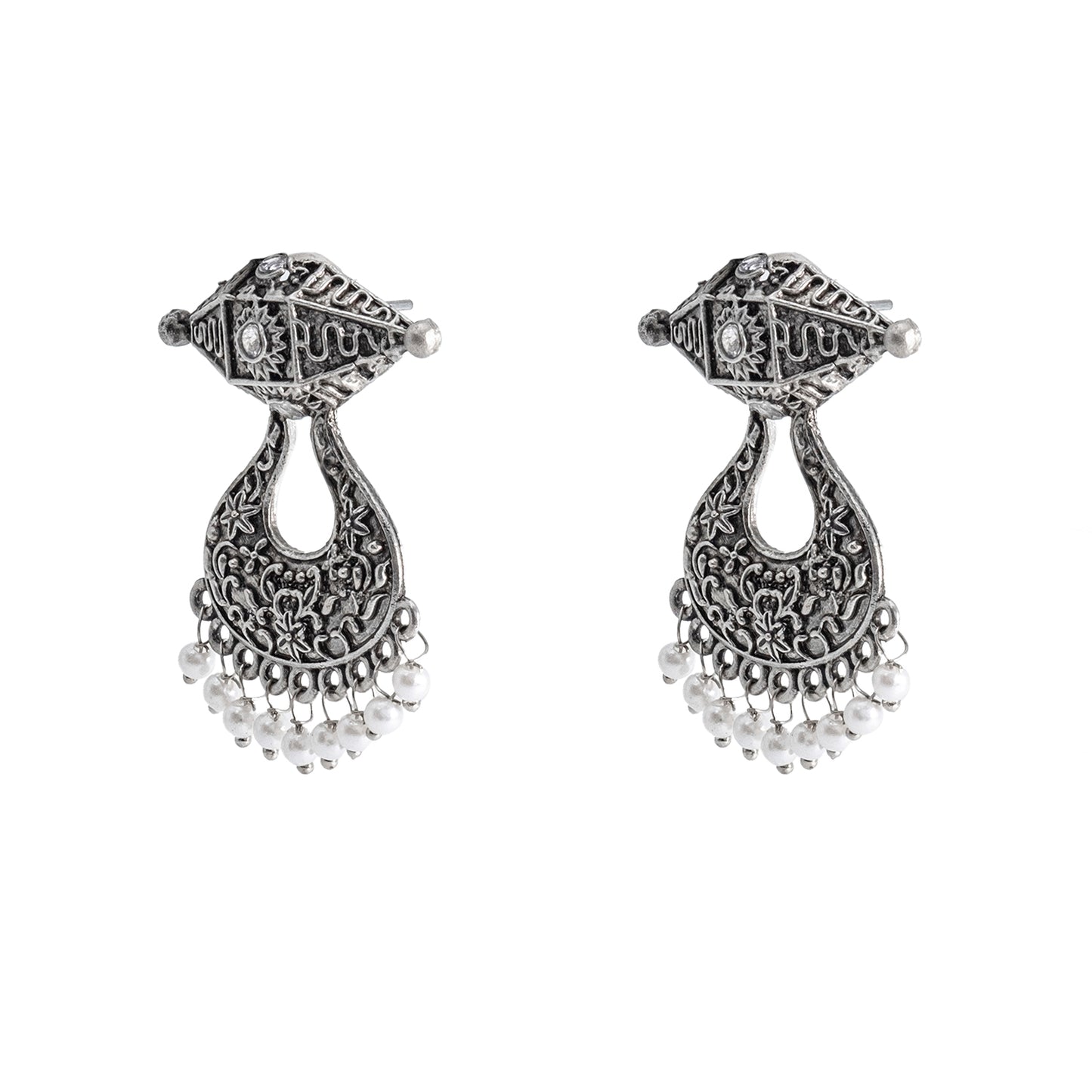 Traditional Indian Antique Silver Oxidised CZ Crystal Studded Chand Bali Earring For Women-Silver Maroon (SJE_202_S_M)