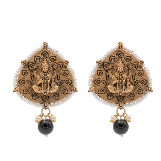 Traditional Indian Matte Gold Oxidised CZ, Crystal Studded Leaf Temple Earring For Women- Gold Black (SJE_203_G_BK)