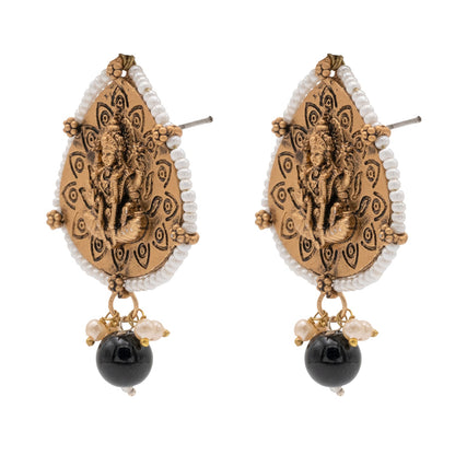 Traditional Indian Matte Gold Oxidised CZ, Crystal Studded Leaf Temple Earring For Women- Gold Black (SJE_203_G_BK)