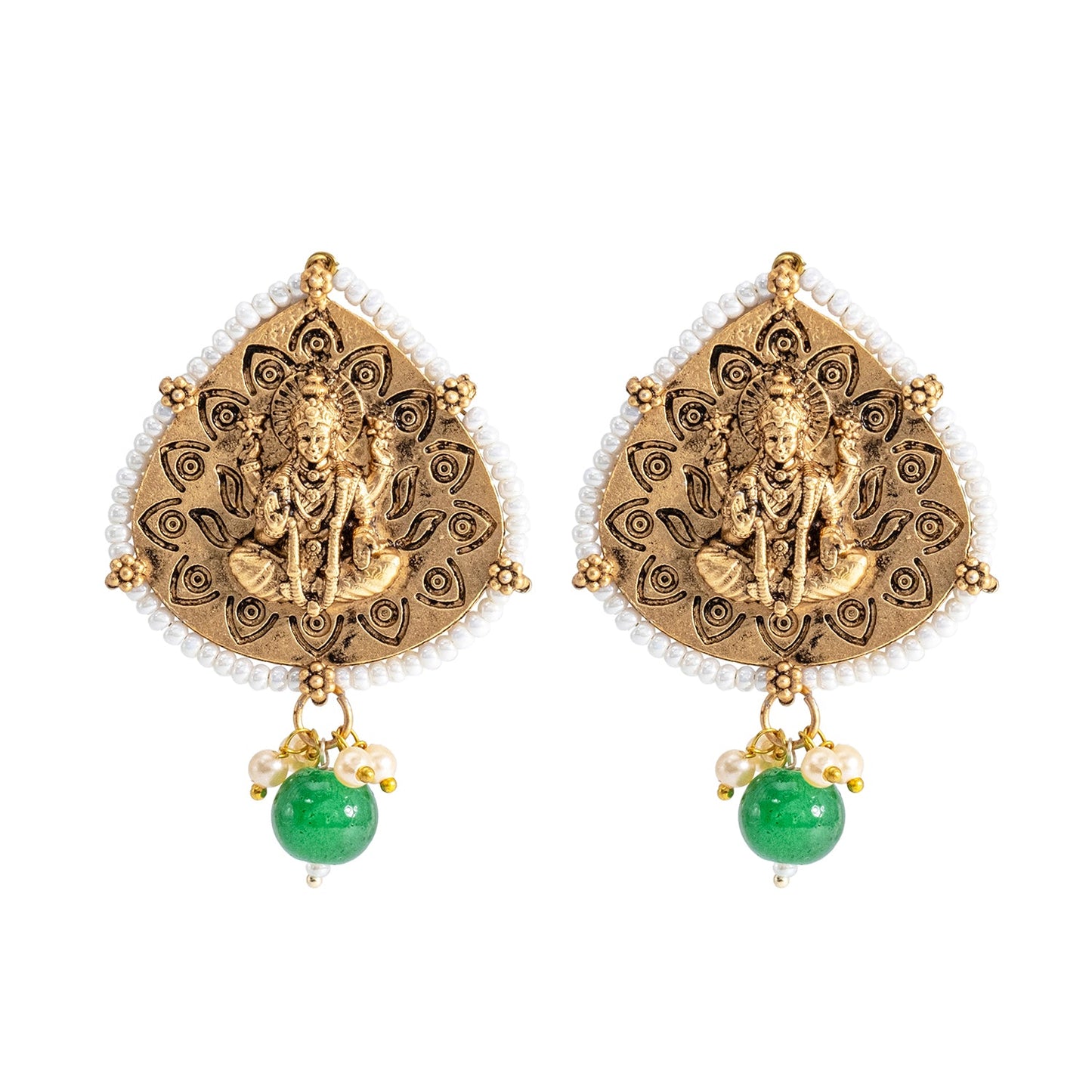 Traditional Indian Matte Gold Oxidised CZ, Crystal Studded Leaf Temple Earring For Women- Gold Green (SJE_203_G_G)