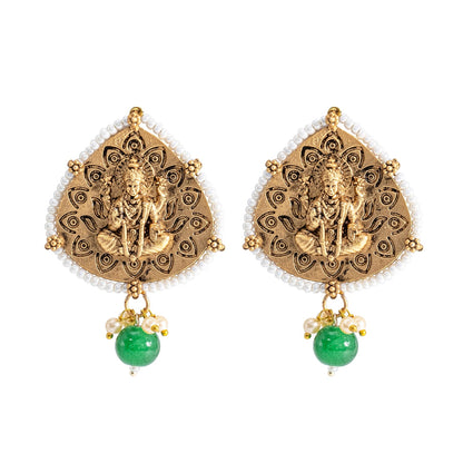 Traditional Indian Matte Gold Oxidised CZ, Crystal Studded Leaf Temple Earring For Women- Gold Green (SJE_203_G_G)