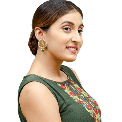 Traditional Indian Matte Gold Oxidised CZ, Crystal Studded Leaf Temple Earring For Women- Gold Green (SJE_203_G_G)