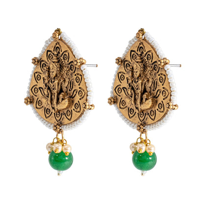 Traditional Indian Matte Gold Oxidised CZ, Crystal Studded Leaf Temple Earring For Women- Gold Green (SJE_203_G_G)