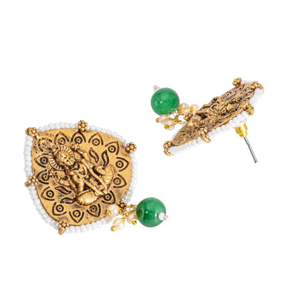 Traditional Indian Matte Gold Oxidised CZ, Crystal Studded Leaf Temple Earring For Women- Gold Green (SJE_203_G_G)