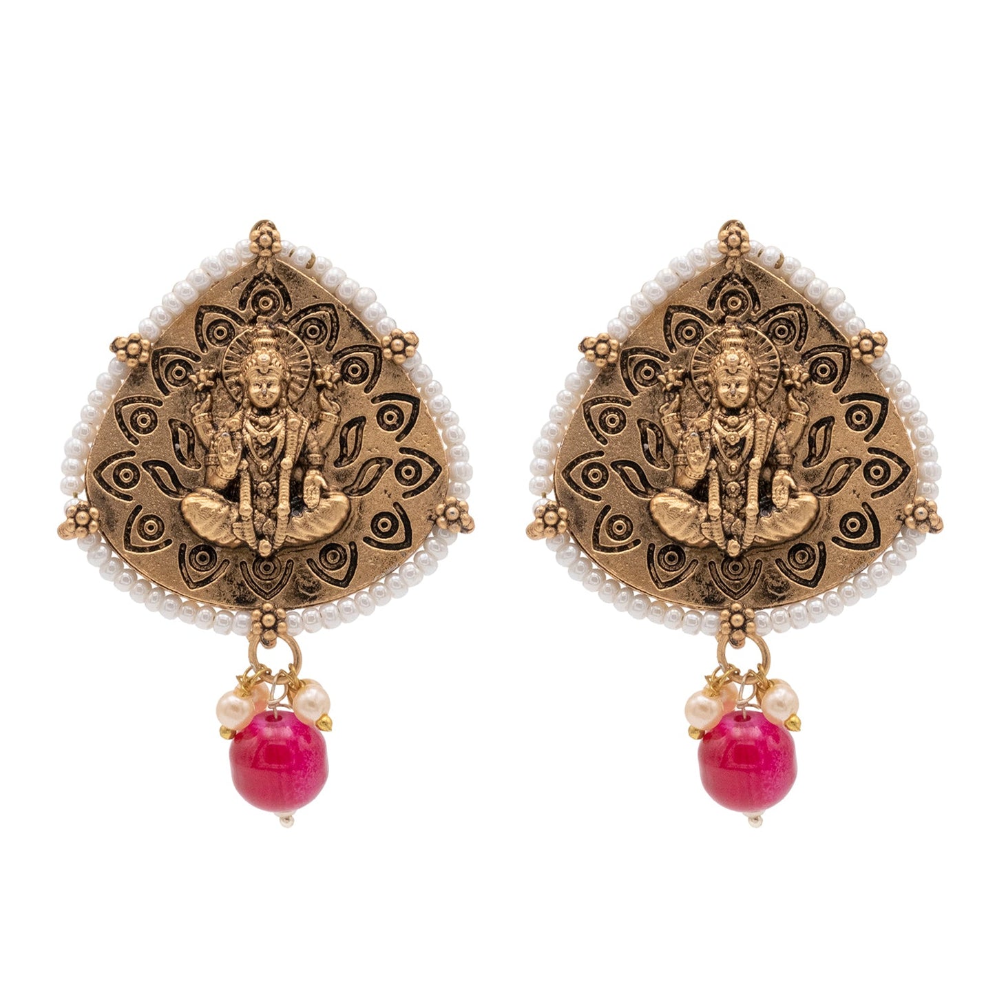 Traditional Indian Matte Gold Oxidised CZ, Crystal Studded Leaf Temple Earring For Women- Gold Maroon (SJE_203_G_M)