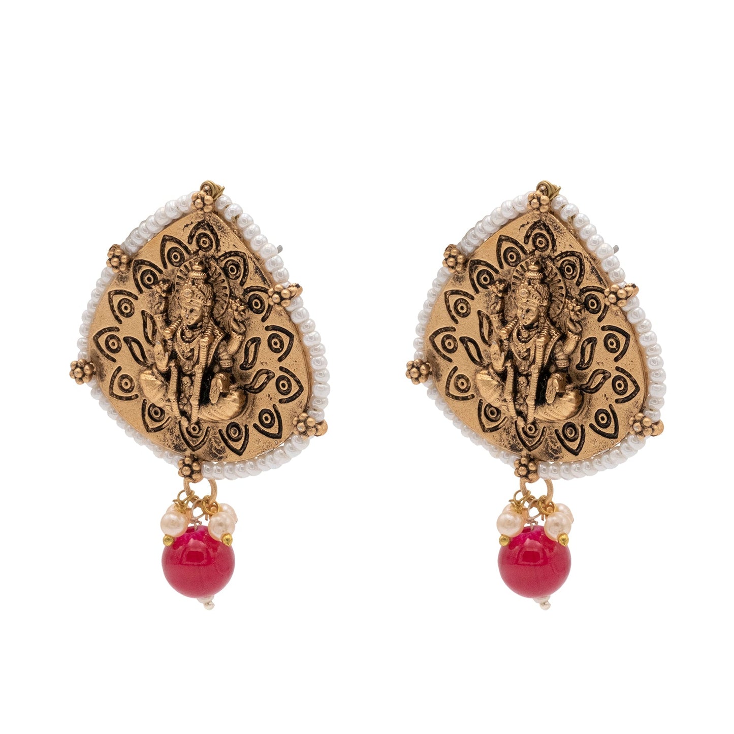 Traditional Indian Matte Gold Oxidised CZ, Crystal Studded Leaf Temple Earring For Women- Gold Maroon (SJE_203_G_M)