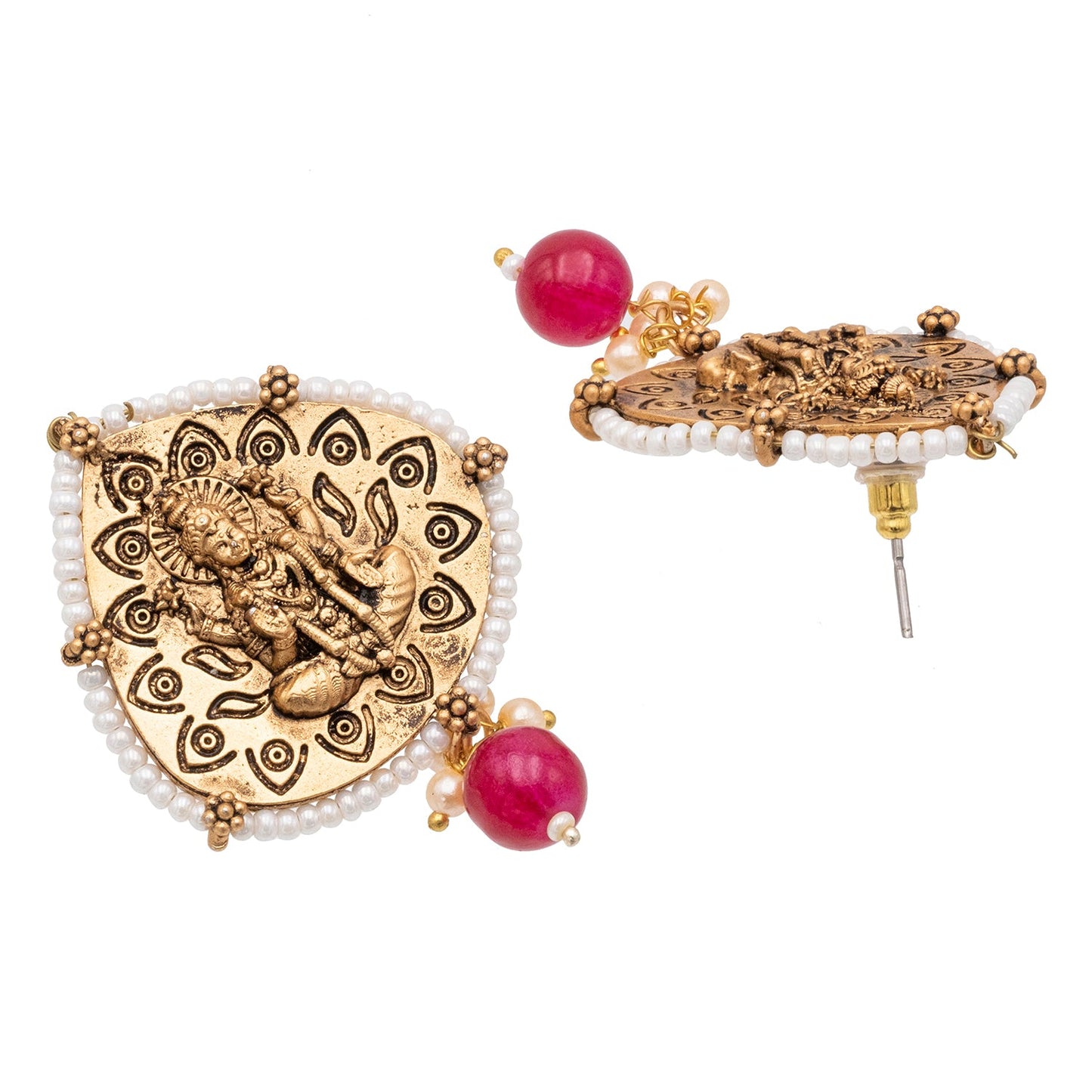 Traditional Indian Matte Gold Oxidised CZ, Crystal Studded Leaf Temple Earring For Women- Gold Maroon (SJE_203_G_M)