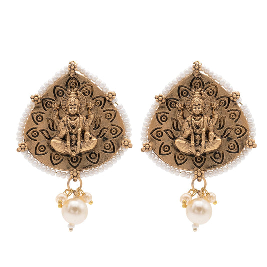 Traditional Indian Matte Gold Oxidised CZ, Crystal Studded Leaf Temple Earring For Women- Gold White (SJE_203_G_W)