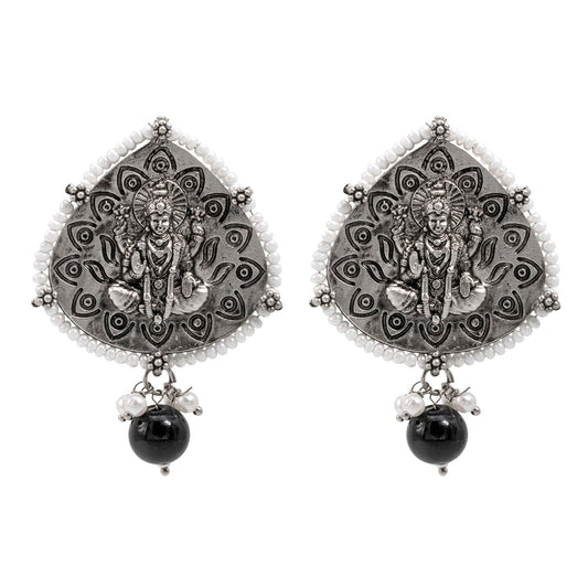 Traditional Indian Matte Silver Oxidised CZ, Crystal Studded Leaf Temple Earring For Women- Silver Black (SJE_203_S_BK)