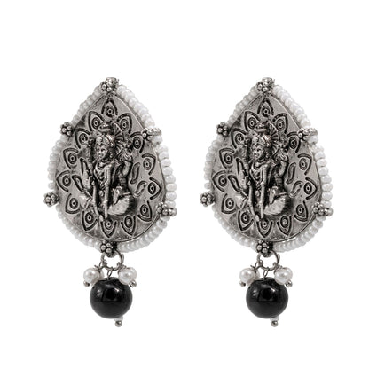 Traditional Indian Matte Silver Oxidised CZ, Crystal Studded Leaf Temple Earring For Women- Silver Black (SJE_203_S_BK)