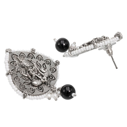 Traditional Indian Matte Silver Oxidised CZ, Crystal Studded Leaf Temple Earring For Women- Silver Black (SJE_203_S_BK)