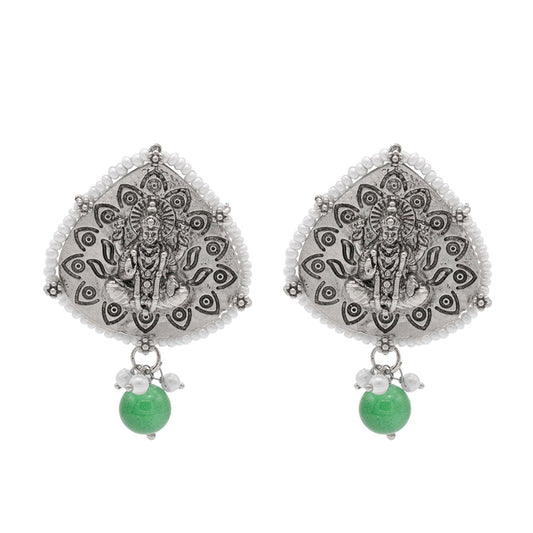 Traditional Indian Matte Silver Oxidised CZ, Crystal Studded Leaf Temple Earring For Women- Silver Green (SJE_203_S_G)