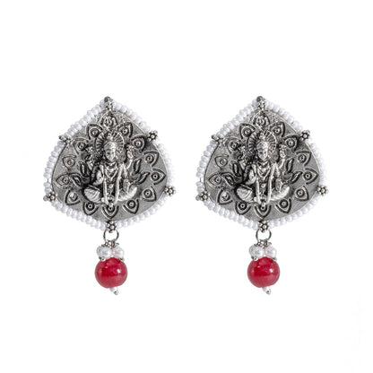 Traditional Indian Matte Silver Oxidised CZ, Crystal Studded Leaf Temple Earring For Women- Silver Maroon (SJE_203_S_M)