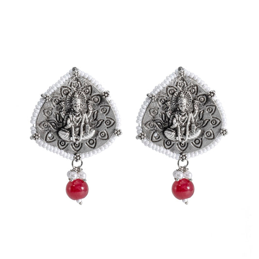 Traditional Indian Matte Silver Oxidised CZ, Crystal Studded Leaf Temple Earring For Women- Silver Maroon (SJE_203_S_M)