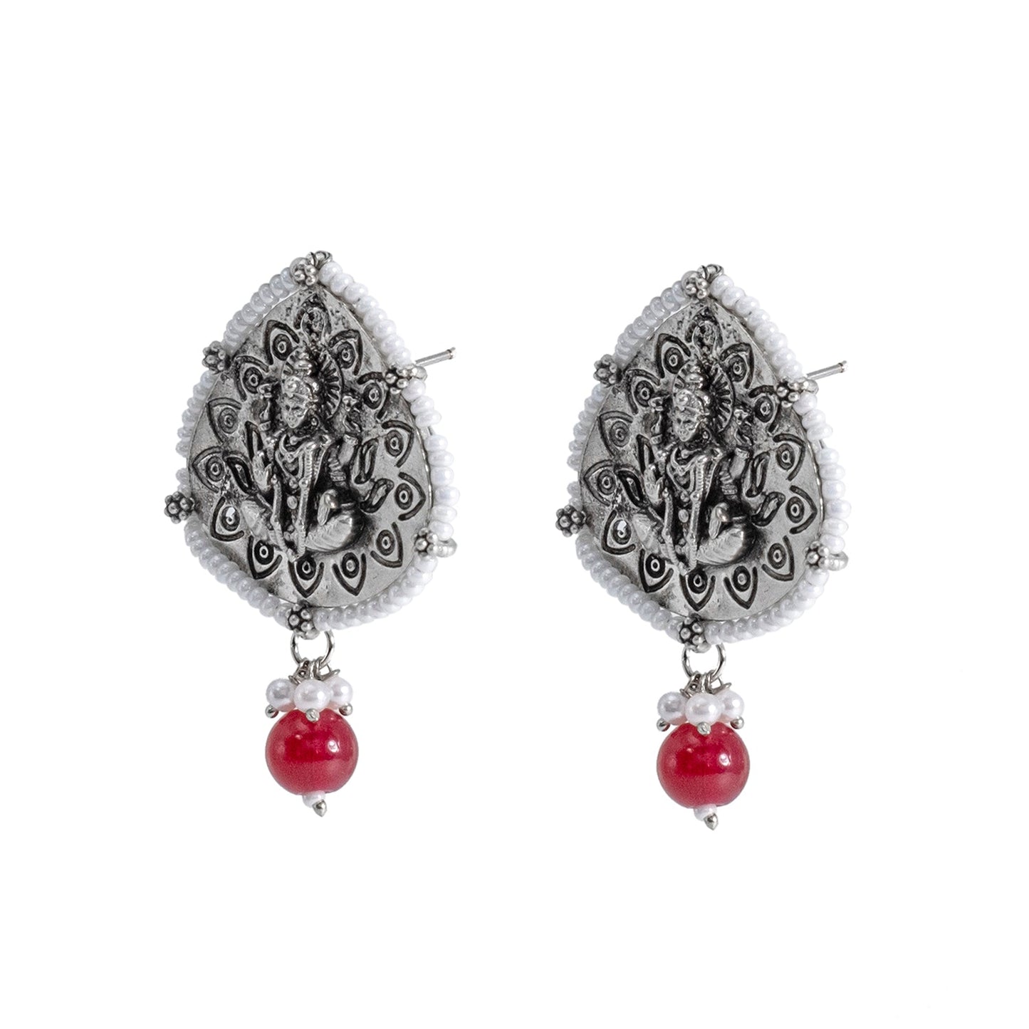 Traditional Indian Matte Silver Oxidised CZ, Crystal Studded Leaf Temple Earring For Women- Silver Maroon (SJE_203_S_M)