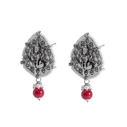 Traditional Indian Matte Silver Oxidised CZ, Crystal Studded Leaf Temple Earring For Women- Silver Maroon (SJE_203_S_M)