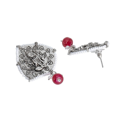 Traditional Indian Matte Silver Oxidised CZ, Crystal Studded Leaf Temple Earring For Women- Silver Maroon (SJE_203_S_M)