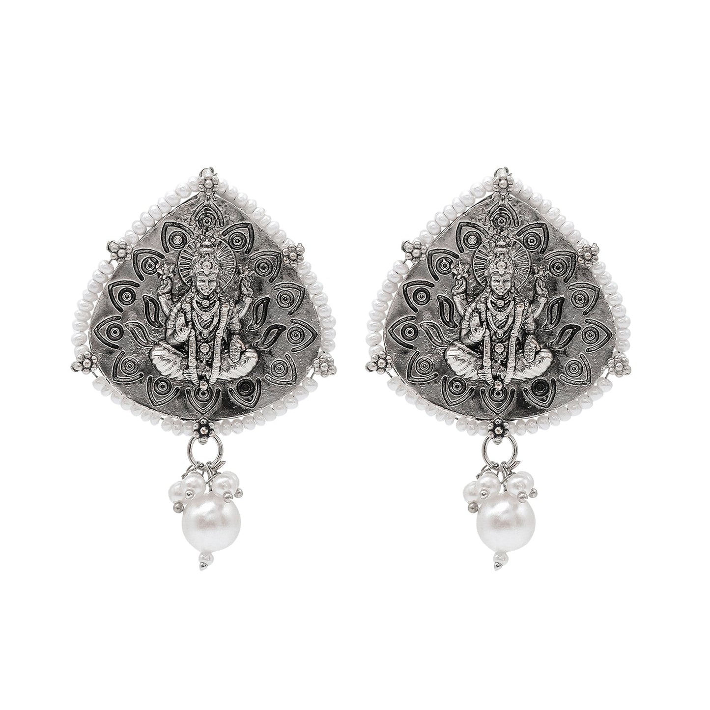 Traditional Indian Matte Silver Oxidised CZ, Crystal Studded Leaf Temple Earring For Women- Silver White (SJE_203_S_W)