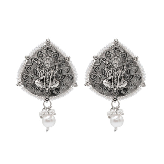 Traditional Indian Matte Silver Oxidised CZ, Crystal Studded Leaf Temple Earring For Women- Silver White (SJE_203_S_W)