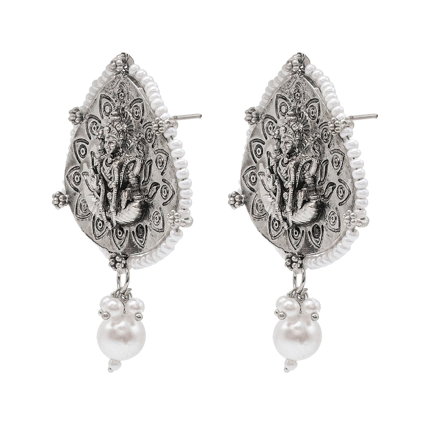 Traditional Indian Matte Silver Oxidised CZ, Crystal Studded Leaf Temple Earring For Women- Silver White (SJE_203_S_W)