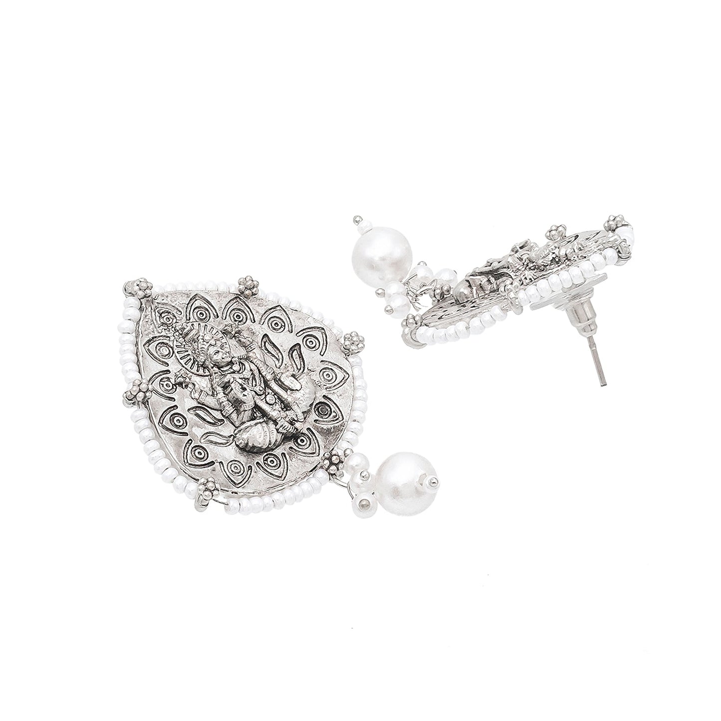 Traditional Indian Matte Silver Oxidised CZ, Crystal Studded Leaf Temple Earring For Women- Silver White (SJE_203_S_W)