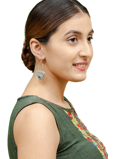 Traditional Indian Matte Silver Oxidised CZ, Drop Earring For Women - Silver Green (SJE_204_S_G)