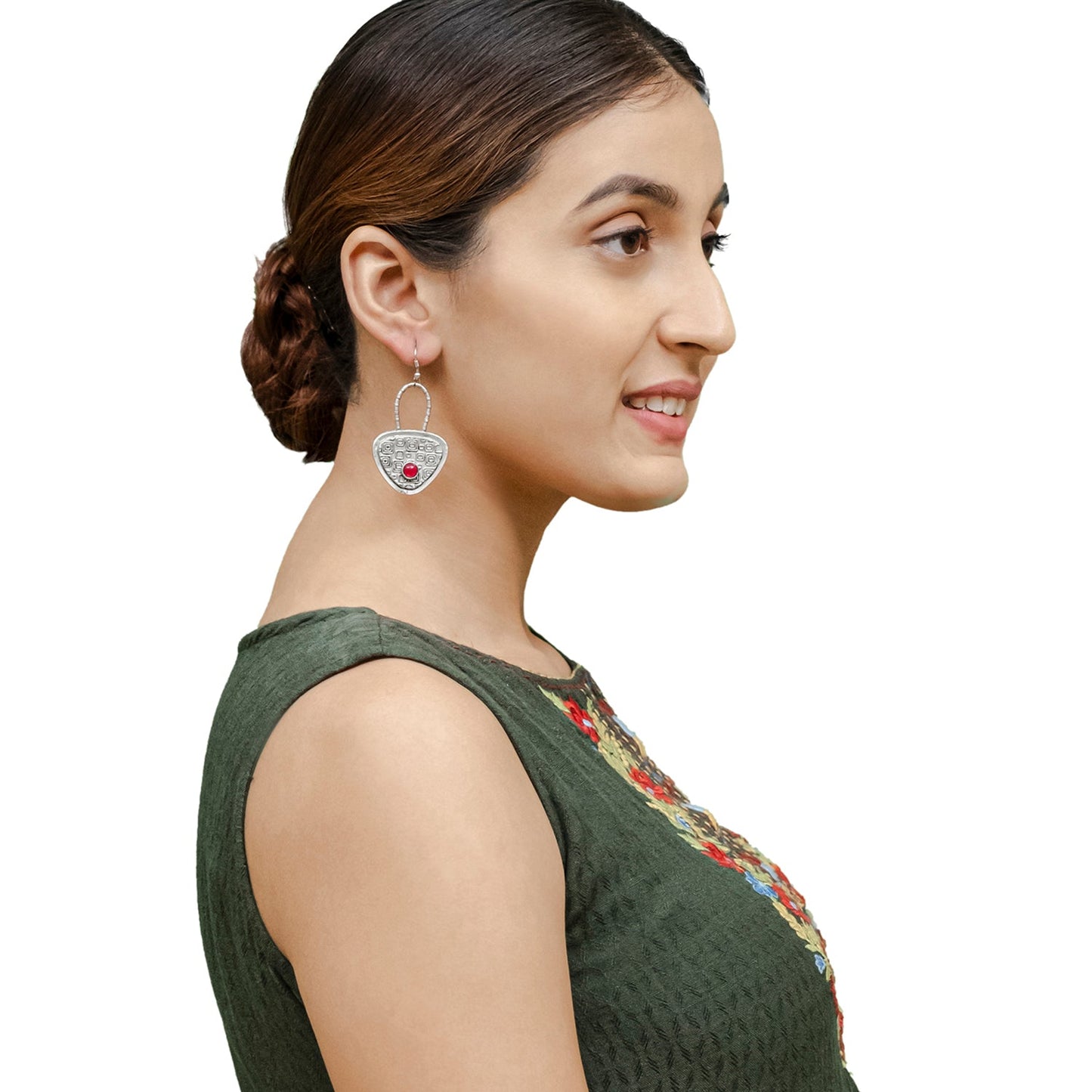 Traditional Indian Matte Silver Oxidised CZ, Drop Earring For Women - Silver Maroon (SJE_204_S_M)