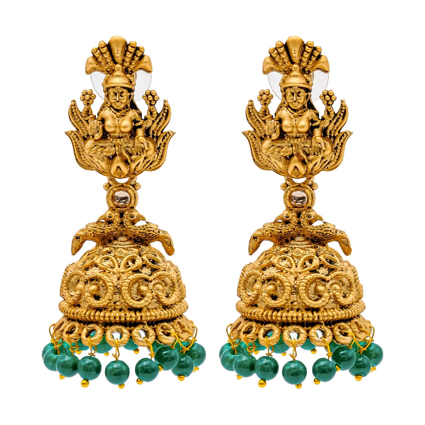 Traditional Indian Matte Gold Plated Oxidised CZ, Crystal Studded Temple Jhumka Earring For Women- Gold Green (SJE_205_G_G)