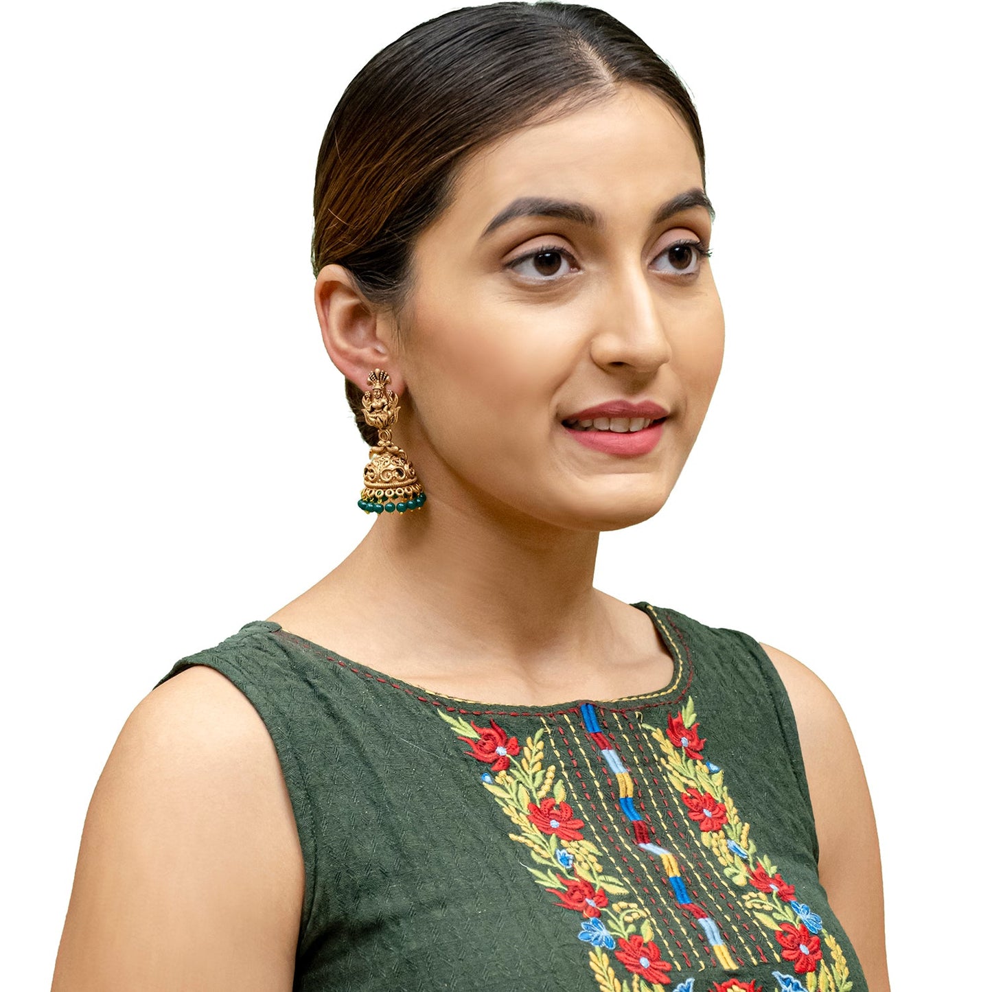 Traditional Indian Matte Gold Plated Oxidised CZ, Crystal Studded Temple Jhumka Earring For Women- Gold Green (SJE_205_G_G)