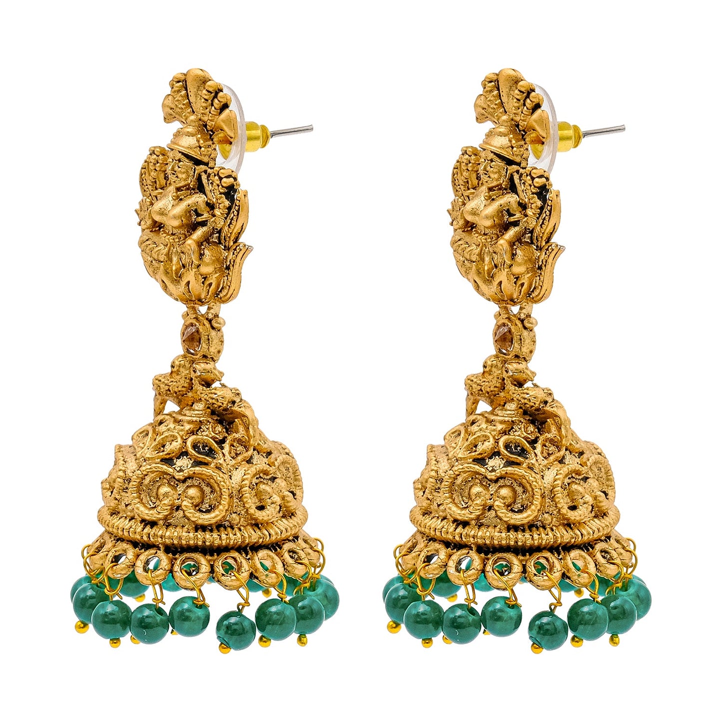 Traditional Indian Matte Gold Plated Oxidised CZ, Crystal Studded Temple Jhumka Earring For Women- Gold Green (SJE_205_G_G)