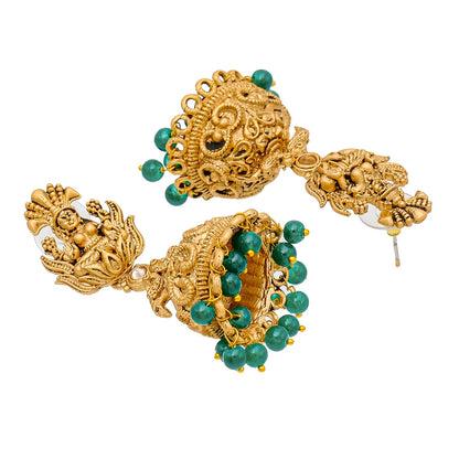 Traditional Indian Matte Gold Plated Oxidised CZ, Crystal Studded Temple Jhumka Earring For Women- Gold Green (SJE_205_G_G)