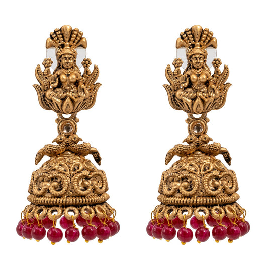 Traditional Indian Matte Gold Plated Oxidised CZ, Crystal Studded Temple Jhumka Earring For Women- Gold Maroon (SJE_205_G_M)