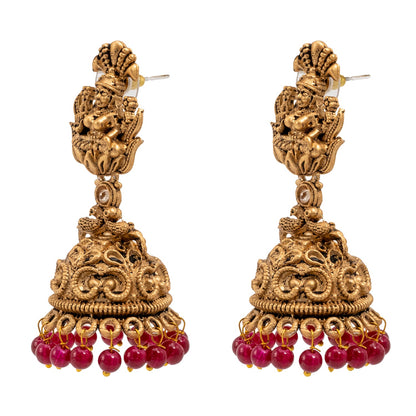 Traditional Indian Matte Gold Plated Oxidised CZ, Crystal Studded Temple Jhumka Earring For Women- Gold Maroon (SJE_205_G_M)